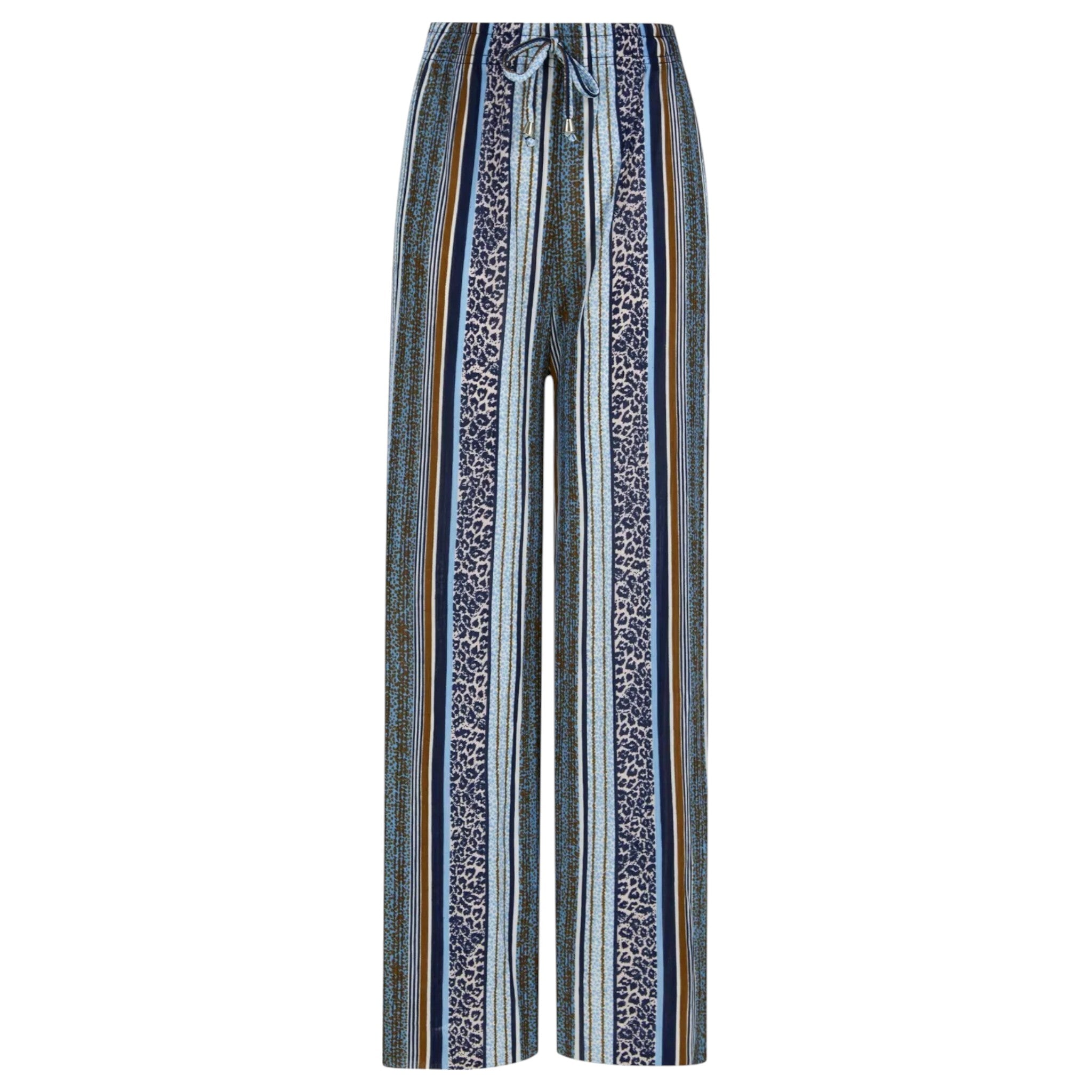 Ladies blue striped palazzo trousers with leopard print – high waist wide leg summer pants